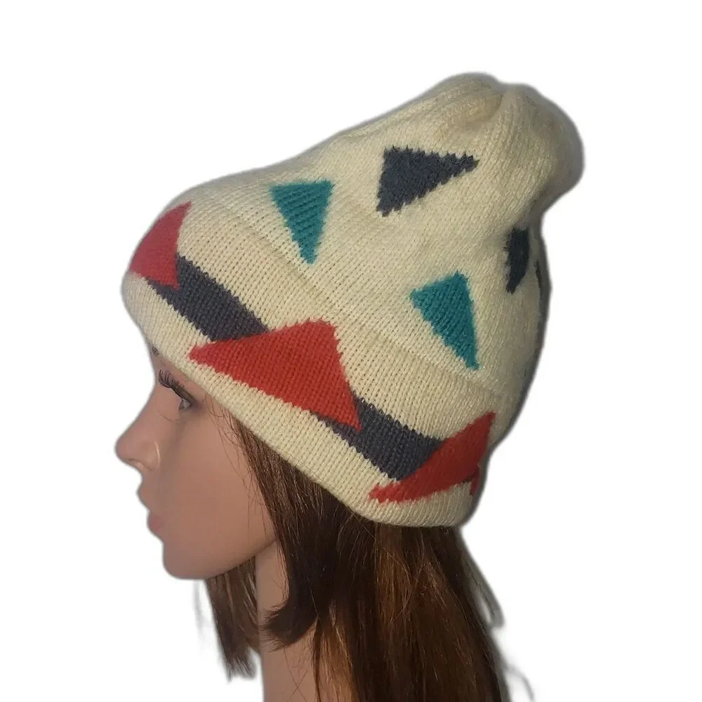 Vermont Needlecrafts Vintage Winter Wool Beanie Hat Ivory with Geometric Print